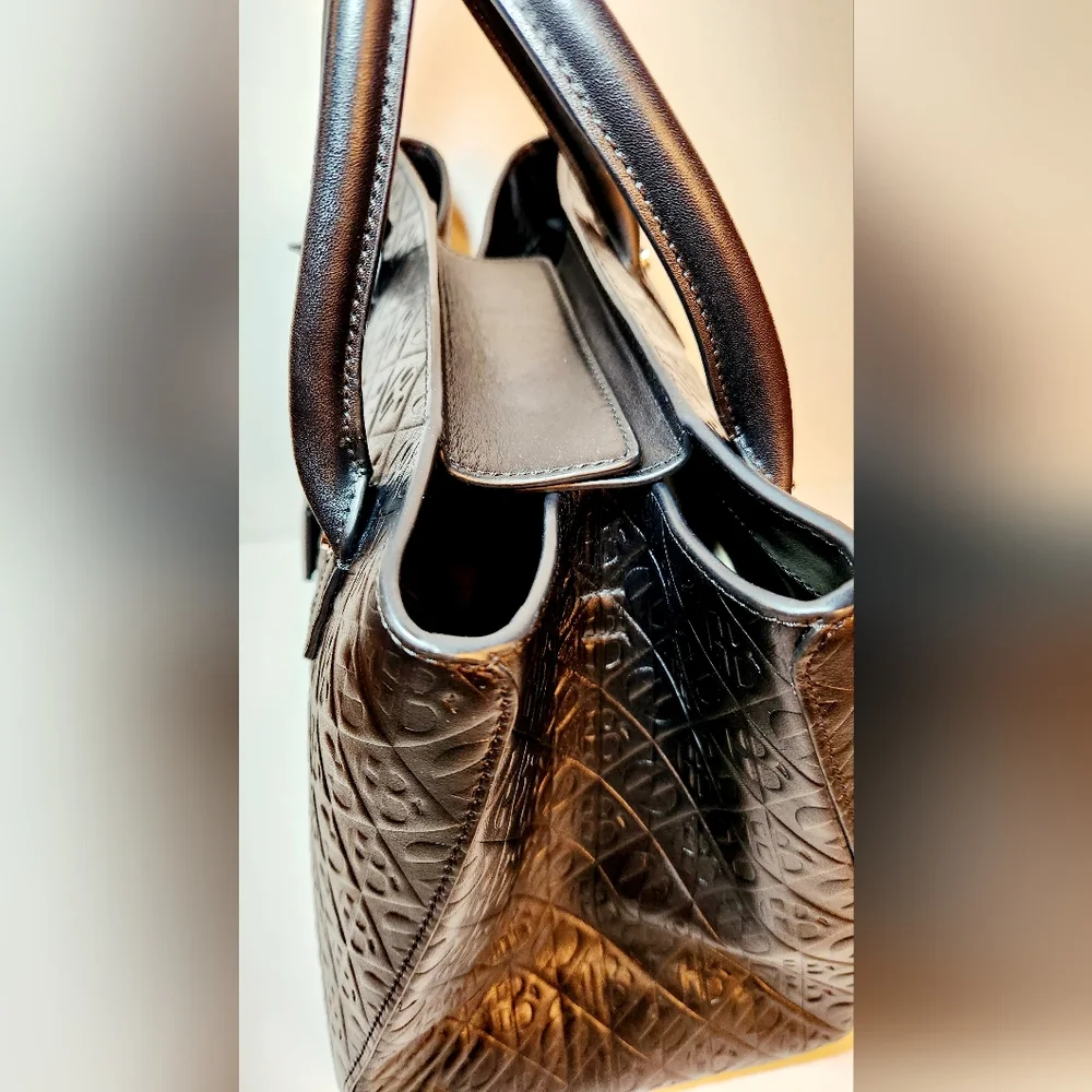 Henri bendel monogram embossed black leather top handle satchel bag - Picture 7 of 11